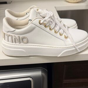 Valentino White Leather Platform Sneakers with Gold Eyelets